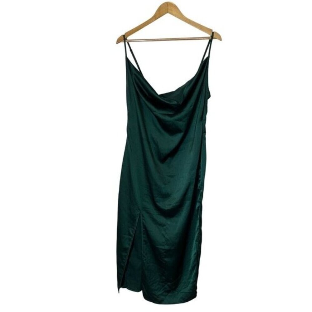 Pretty Little Thing Green Satin Cowl Neck Side Slit Women's Maxi Dress Size 10